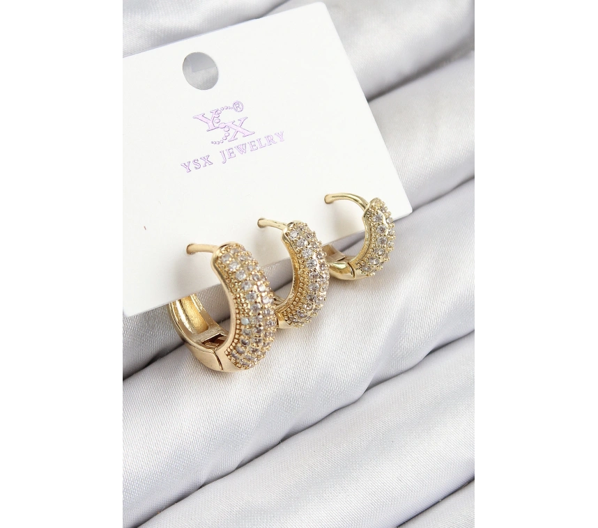 Pirinç Zirkon Taşlı 3lü Halka Model Gold Renk Kadın Küpe