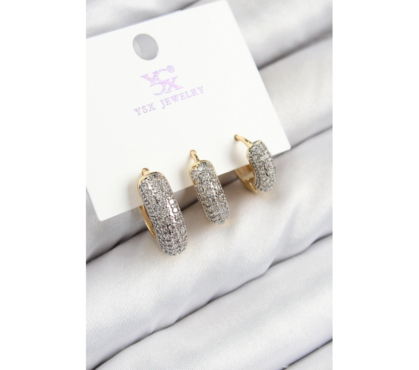 Pirinç Zirkon Taşlı 3lü Halka Model Gold Ve Gümüş Renk Kadın Küpe