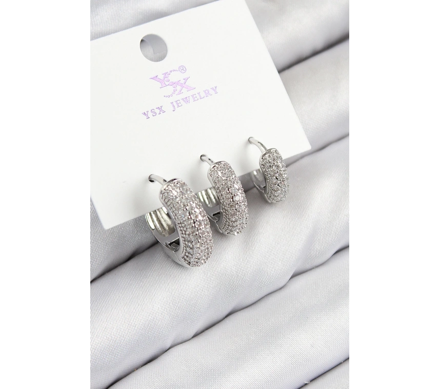 Pirinç Zirkon Taşlı 3lü Halka Model Gümüş Renk Kadın Küpe