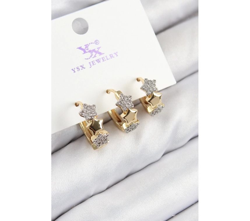 Pirinç Zirkon Taşlı 3lü Halka Yıldız Model Gold Ve Gümüş Renk Kadın Küpe