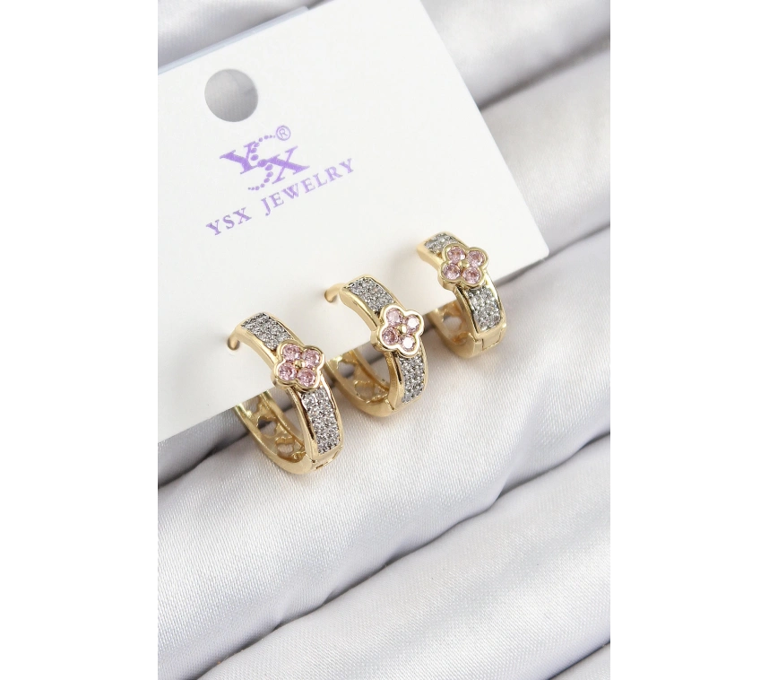 Pirinç Zirkon Taşlı 3lü Halka Yonca Model Gold Ve Gümüş Renk Kadın Küpe