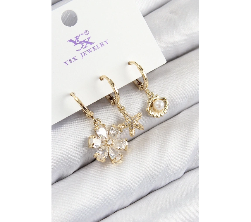 Pirinç Zirkon Taşlı 3lü İstiridye Ve Çiçek Model Gold Renk Kadın Küpe