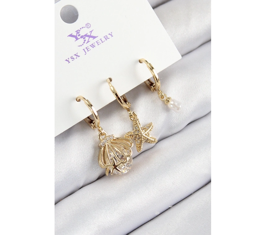 Pirinç Zirkon Taşlı 3lü İstiridye Ve Yıldız Model Gold Renk Kadın Küpe