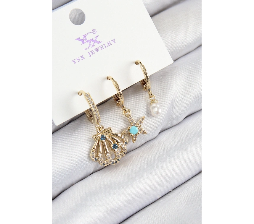 Pirinç Zirkon Taşlı 3lü İstiridye Ve Yıldız Model Gold Renk Kadın Küpe