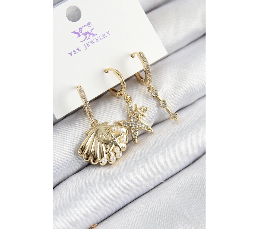 Pirinç Zirkon Taşlı 3lü İstiridye Ve Yıldız Model Gold Renk Kadın Küpe