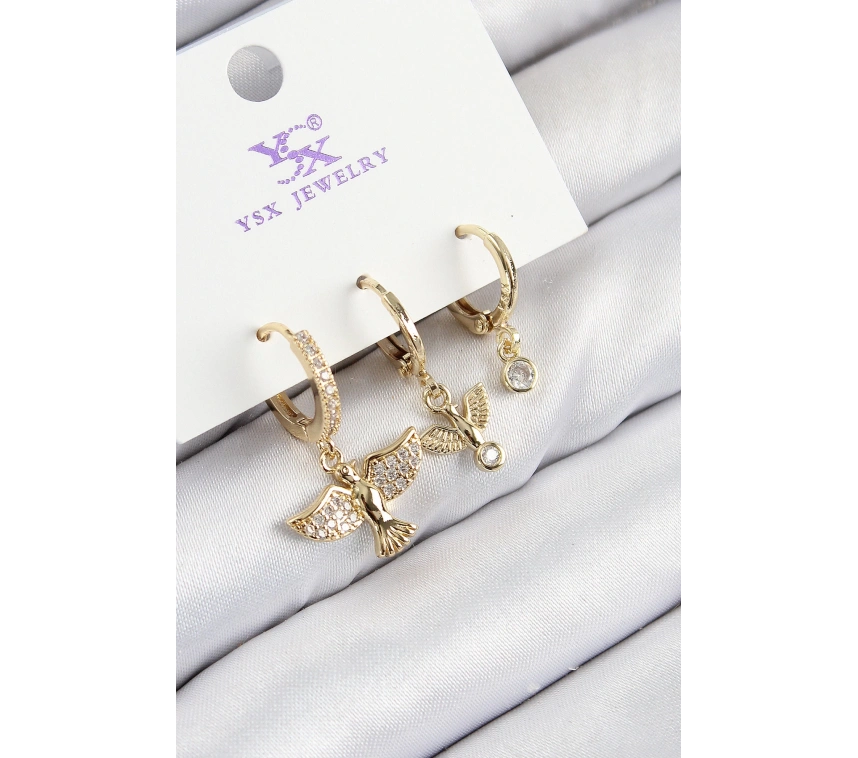 Pirinç Zirkon Taşlı 3lü Kuş Model Gold Renk Kadın Küpe