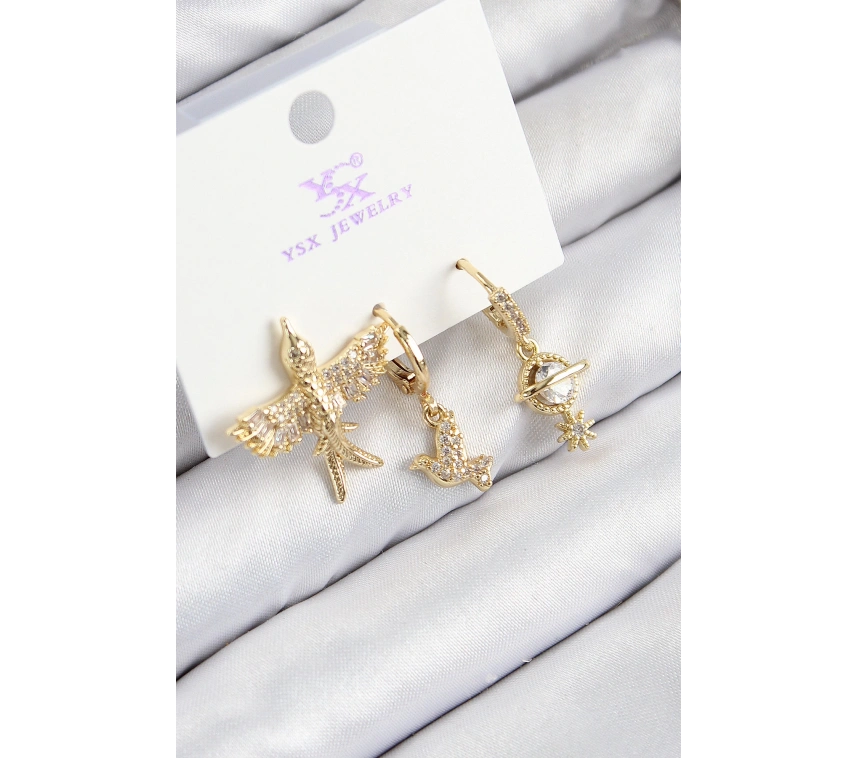 Pirinç Zirkon Taşlı 3lü Kuş Model Gold Renk Kadın Küpe