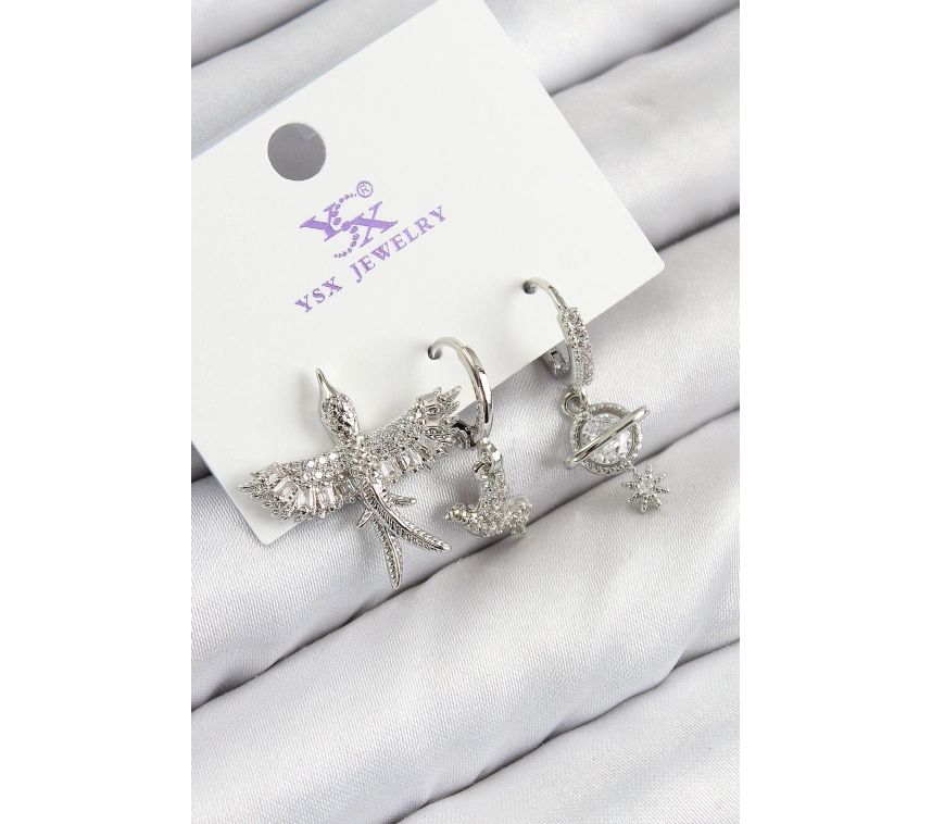 Pirinç Zirkon Taşlı 3lü Kuş Model Gümüş Renk Kadın Küpe