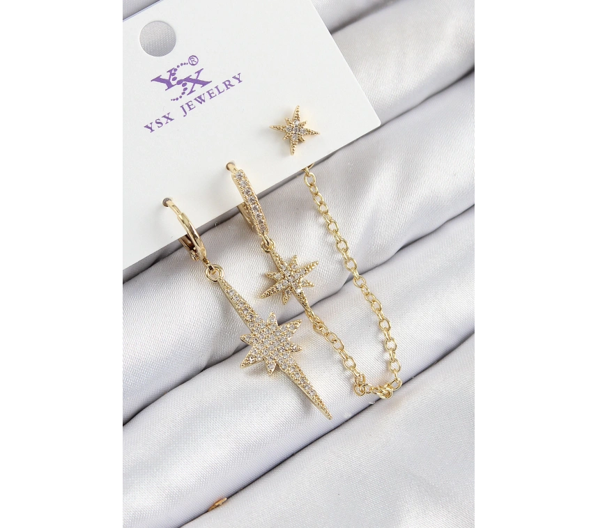 Pirinç Zirkon Taşlı 3lü Kutup Yıldızı Model Gold Renk Kadın Küpe