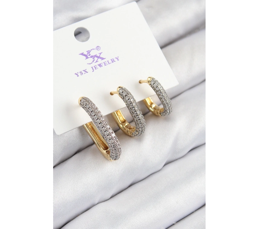 Pirinç Zirkon Taşlı 3lü Oval Dikdörtgen Model Gold Ve Gümüş Renk Kadın Küpe