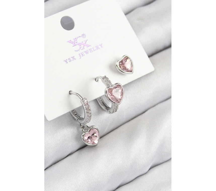 Pirinç Zirkon Taşlı 3lü Pembe Kalp Model Gümüş Renk Kadın Küpe