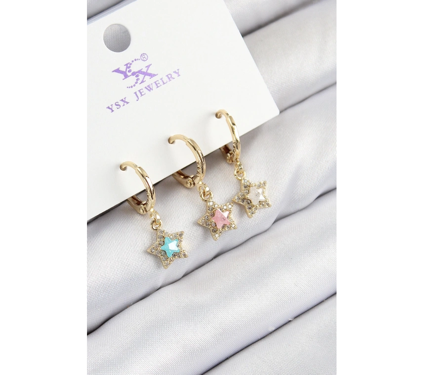 Pirinç Zirkon Taşlı 3lü Renkli Yıldız Model Gold Renk Kadın Küpe