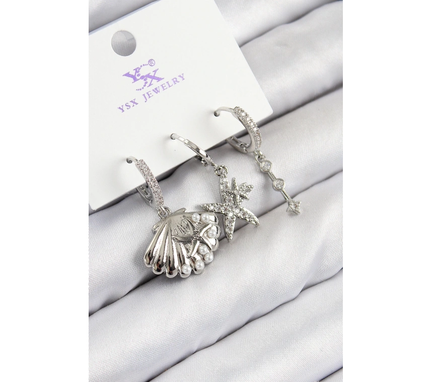 Pirinç Zirkon Taşlı 3lü Yıldız Ve İstiridye Model Gümüş Renk Kadın Küpe