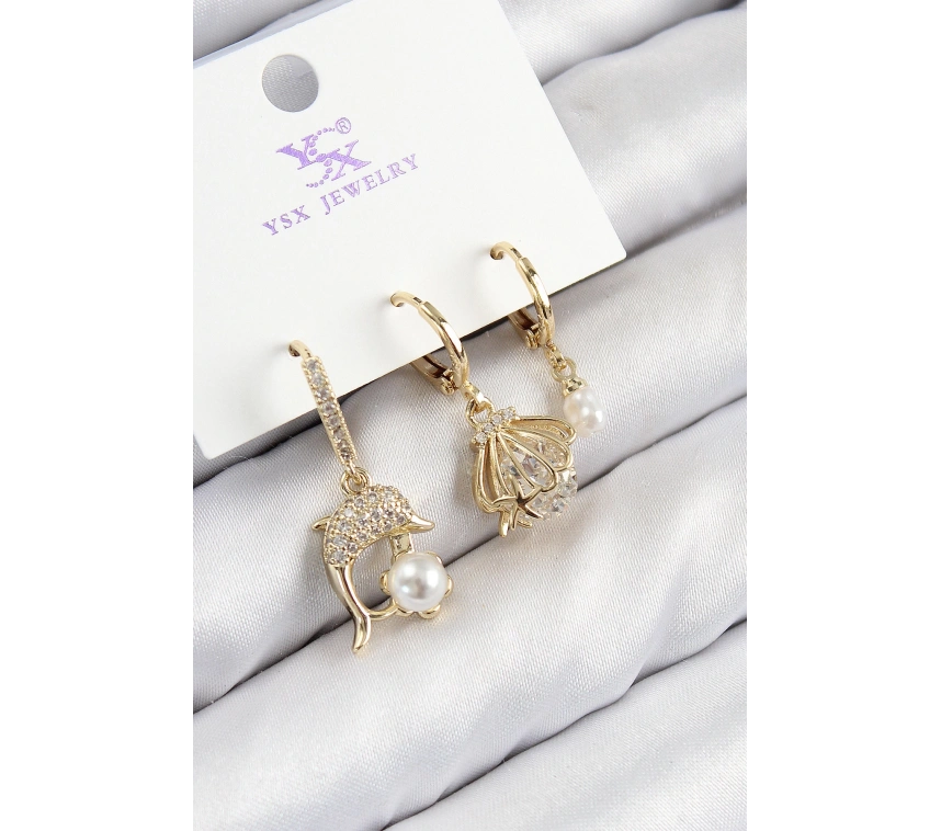 Pirinç Zirkon Taşlı 3lü Yunus Balığı Ve İstiridye Model Gold Renk Kadın Küpe