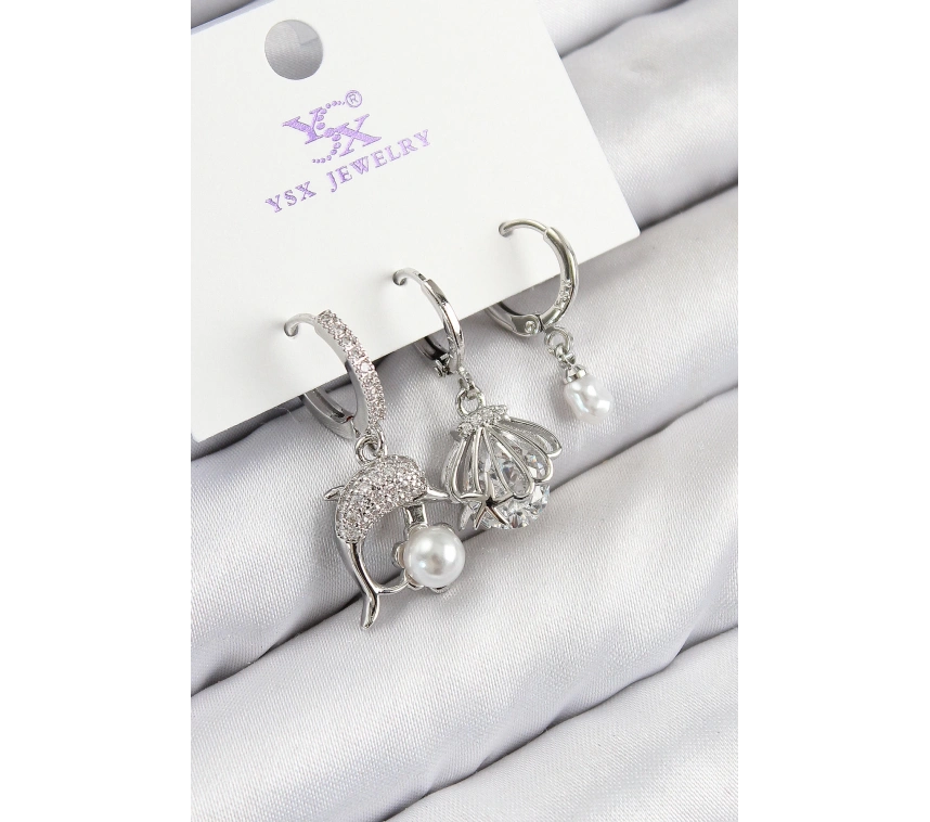 Pirinç Zirkon Taşlı 3lü Yunus Balığı Ve İstiridye Model Gümüş Renk Kadın Küpe