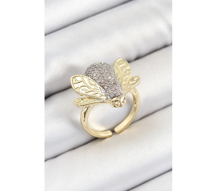 Pirinç Zirkon Taşlı Arı Model Gümüş Ve Gold Renk Kadın Yüzük