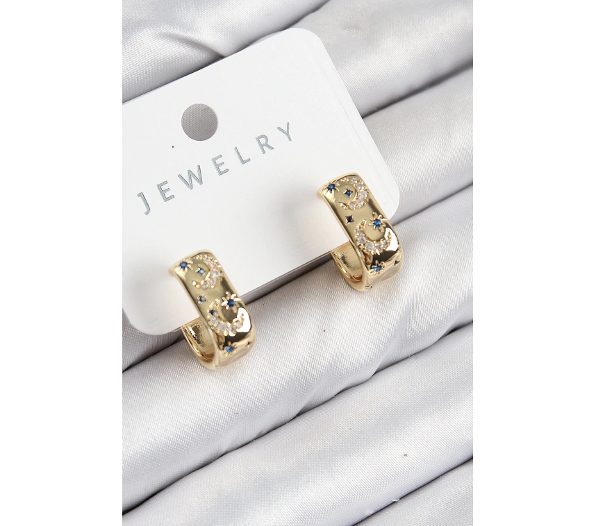 Pirinç Zirkon Taşlı Ay Desenli Model Gold Renk Kadın Küpe