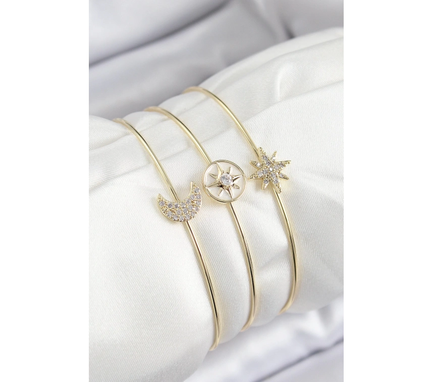 Pirinç Zirkon Taşlı Ay Ve Kutup Yıldızı Model Gold Renk Vip 3lü Kadın Bileklik