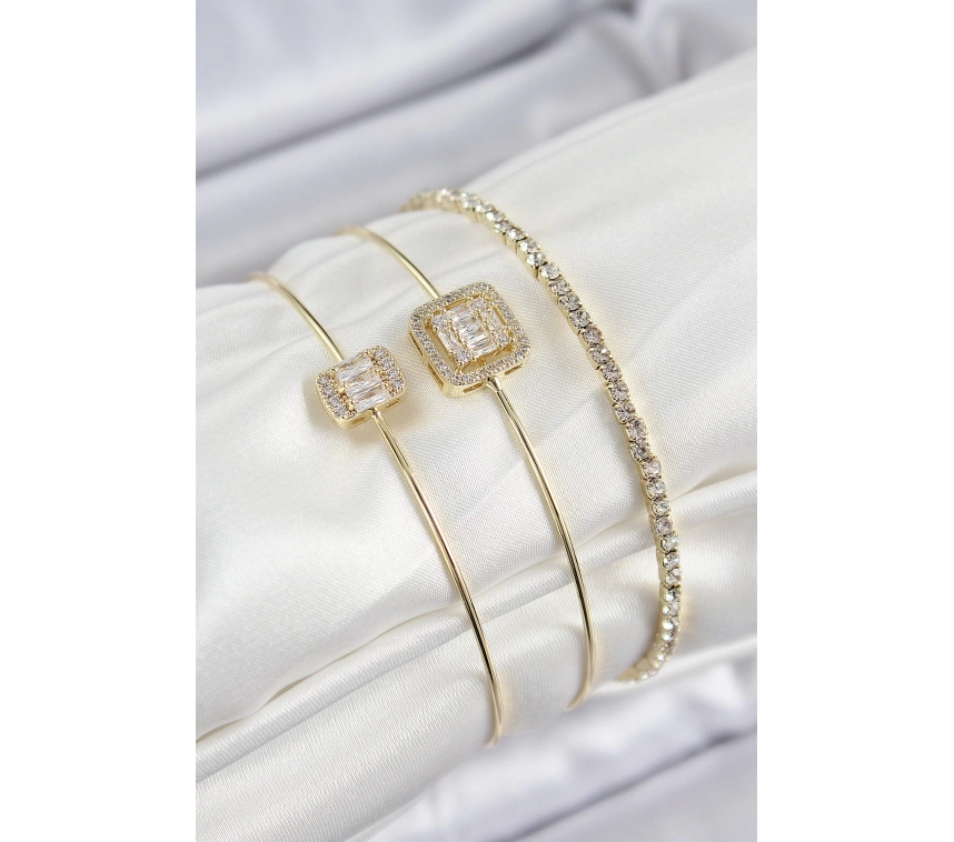 Pirinç Zirkon Taşlı Baget Model Gold Renk Vip 3lü Kadın Bileklik