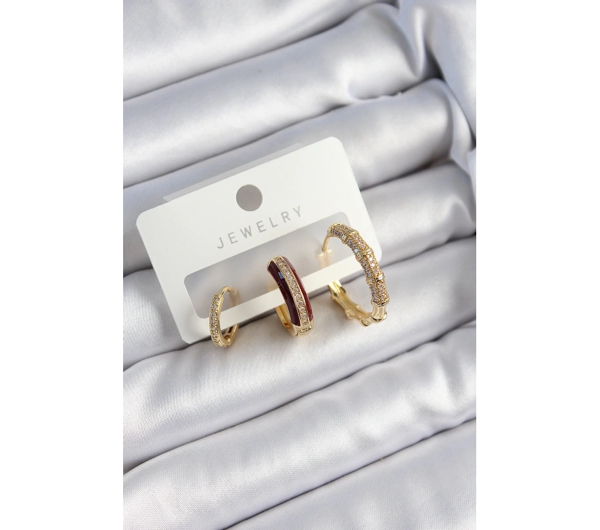 Pirinç Zirkon Taşlı Bordo Halka Model Gold Renk 3lü Çift Kadın Küpe Set