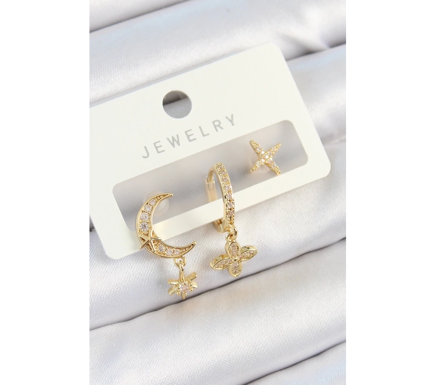 Pirinç Zirkon Taşlı Çiçek Ve Ay Model Gold Renk 3lü Çift Kadın Küpe Set