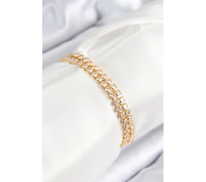 Pirinç Zirkon Taşlı Çift Sıra Model Gold Renk Asansörlü Kadın Bileklik