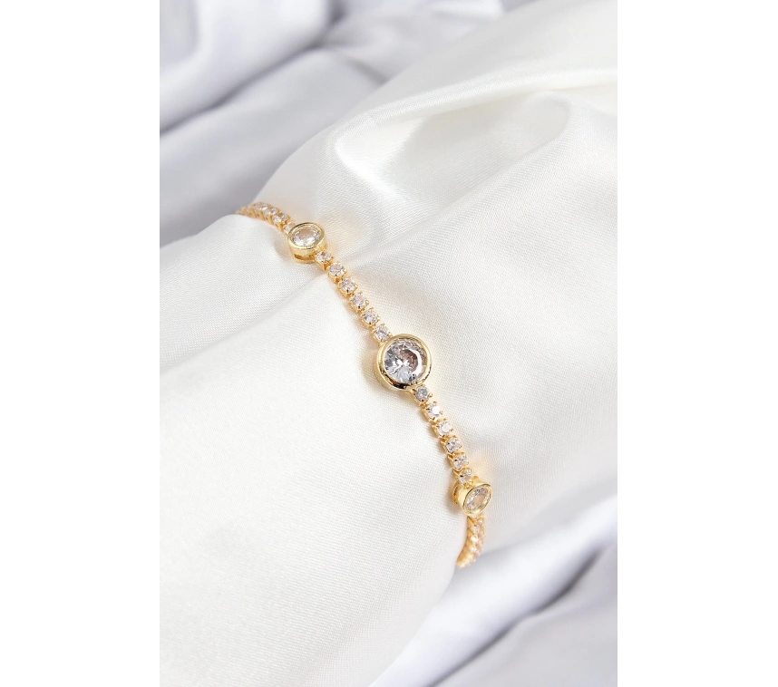 Pirinç Zirkon Taşlı Daire Model Gold Renk Asansörlü Kadın Bileklik