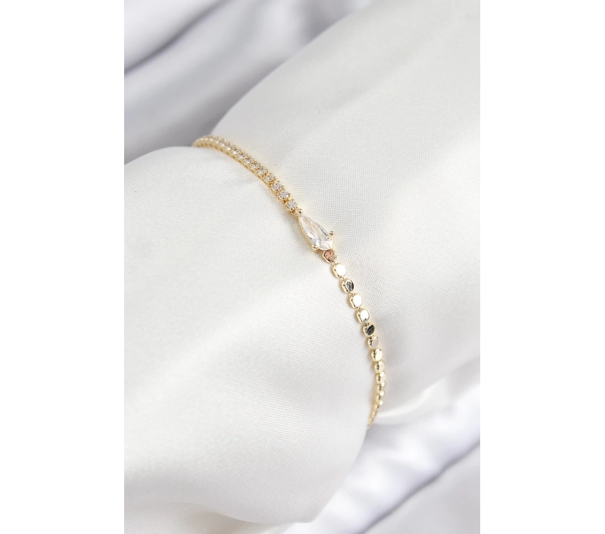 Pirinç Zirkon Taşlı Damla Model Ezme Zincir Gold Renk Kadın Bileklik