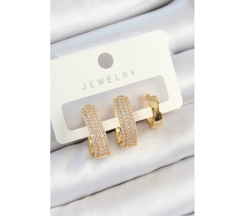 Pirinç Zirkon Taşlı Damla Model Gold Renk 3lü Çift Kadın Küpe Set