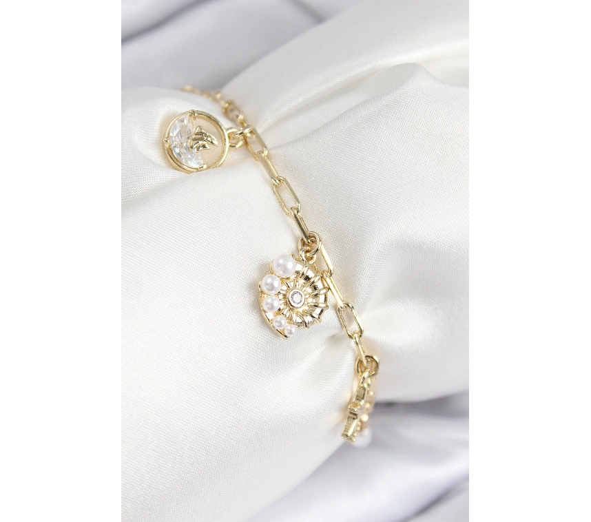 Pirinç Zirkon Taşlı Deniz Kabuğu Model Gold Renk Kadın Bileklik