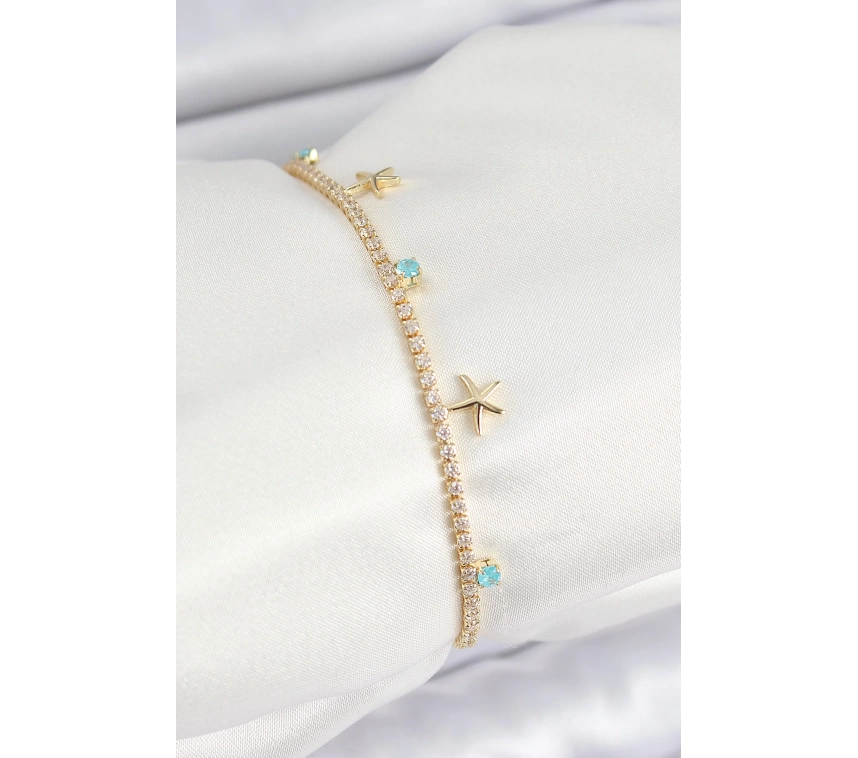 Pirinç Zirkon Taşlı Deniz Yıldızı Model Gold Renk Kadın Bilekilk