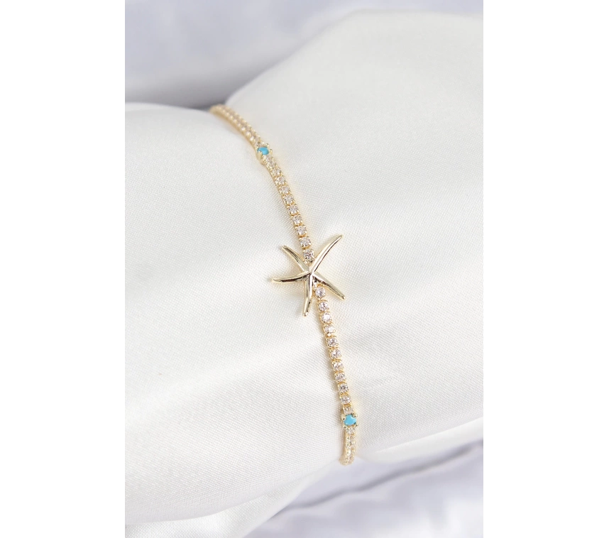 Pirinç Zirkon Taşlı Deniz Yıldızı Model Gold Renk Kadın Bilekilk