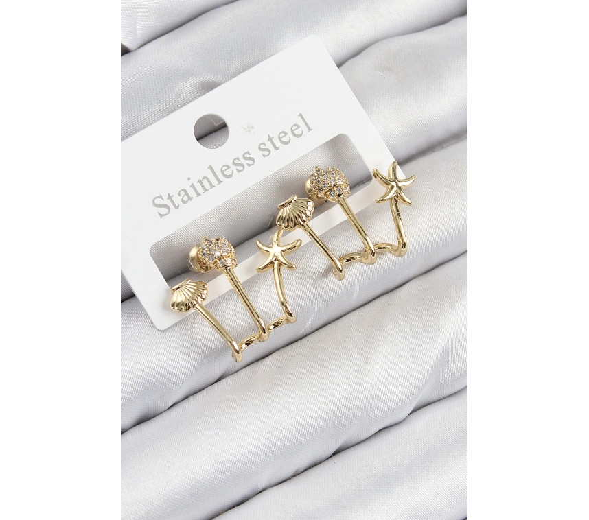 Pirinç Zirkon Taşlı Deniz Yıldızı ve İstiridye Model Gold Renk Kadın Küpe