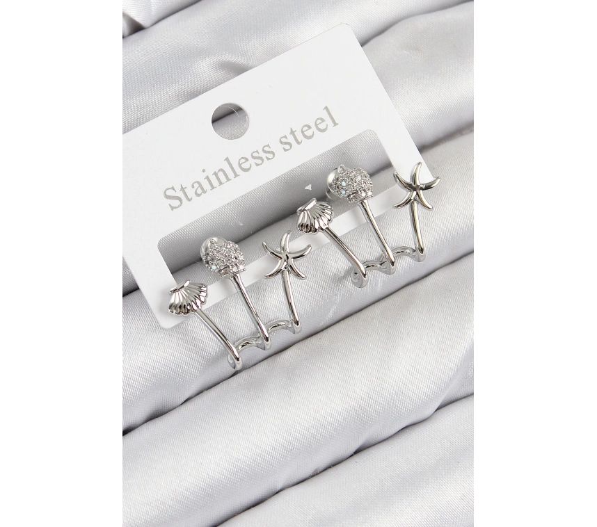 Pirinç Zirkon Taşlı Deniz Yıldızı ve İstiridye Model Gümüş Renk Kadın Küpe