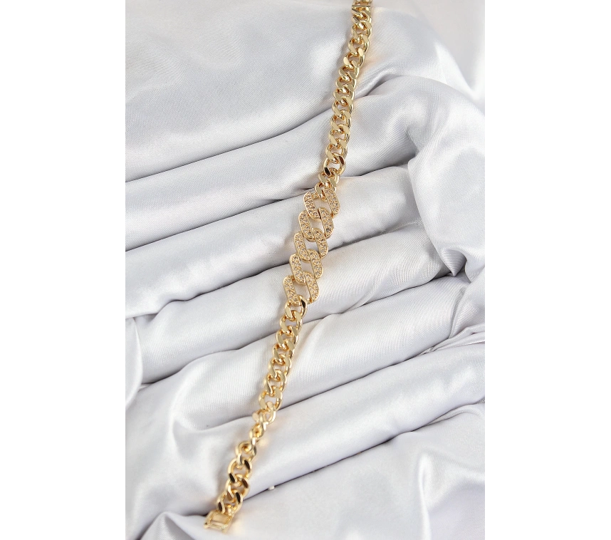 Pirinç Zirkon Taşlı Ezme Küba Zincir Model Gold Renk Kadın Bileklik
