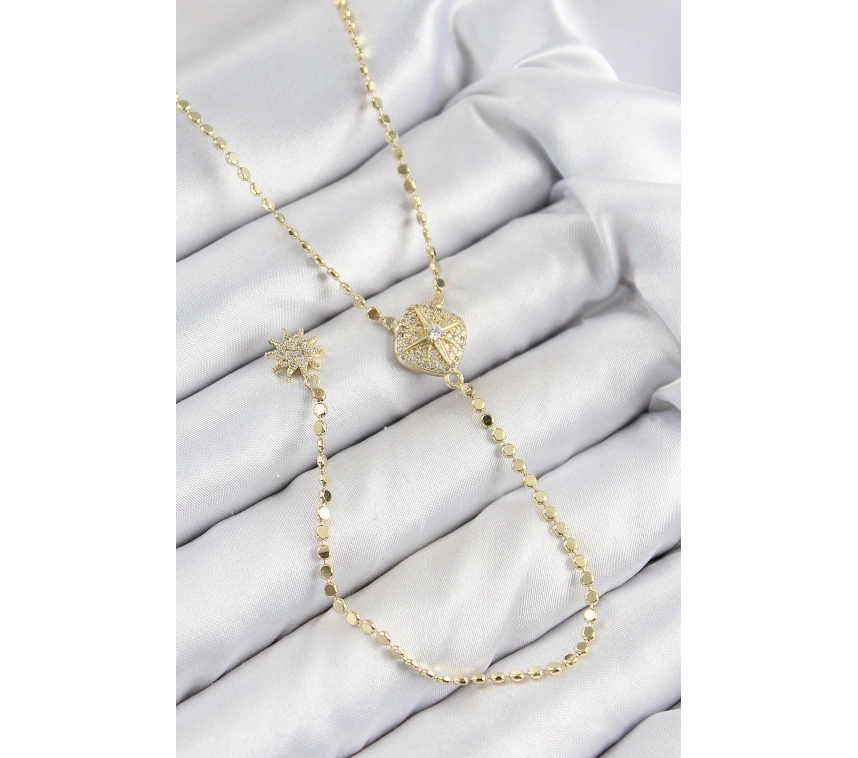 Pirinç Zirkon Taşlı Ezme Zincirli Madalyon Model Gold Renk Y Kolye