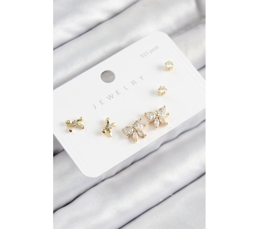 Pirinç Zirkon Taşlı Fiyonk Model Gold Renk 925 Ayar Gümüş Çivi Kadın Küpe Set