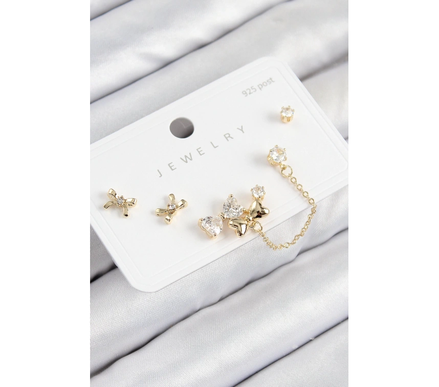 Pirinç Zirkon Taşlı Fiyonk Model Gold Renk 925 Ayar Gümüş Çivi Kadın Küpe Set