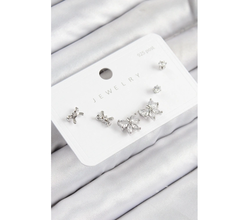 Pirinç Zirkon Taşlı Fiyonk Model Gümüş Renk 925 Ayar Gümüş Çivi Kadın Küpe Set