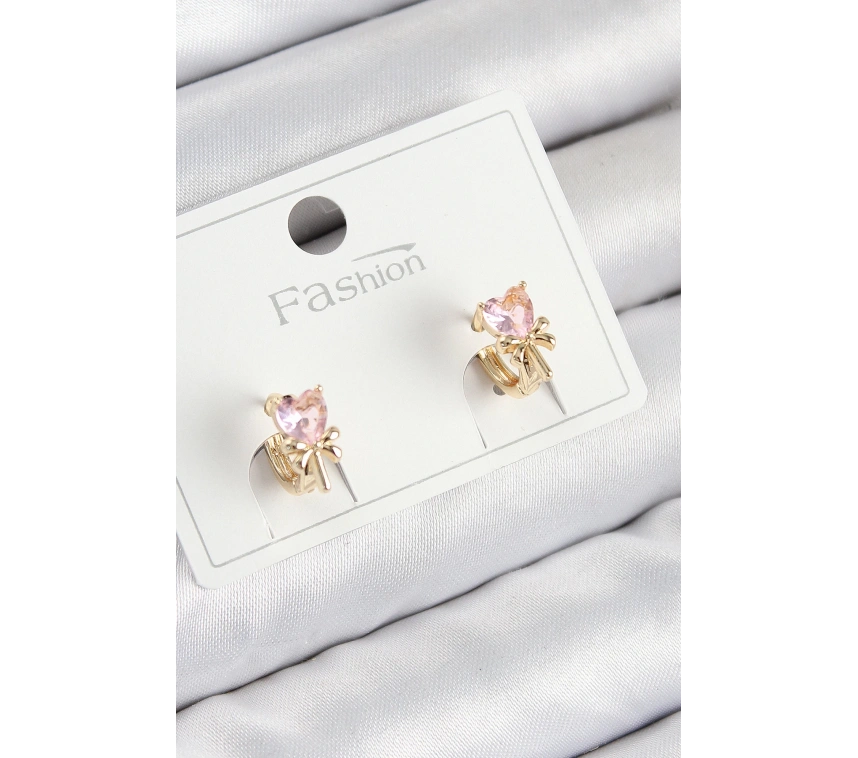 Pirinç Zirkon Taşlı Fiyonklu Kalp Model Gold Renk Çocuk Küpe