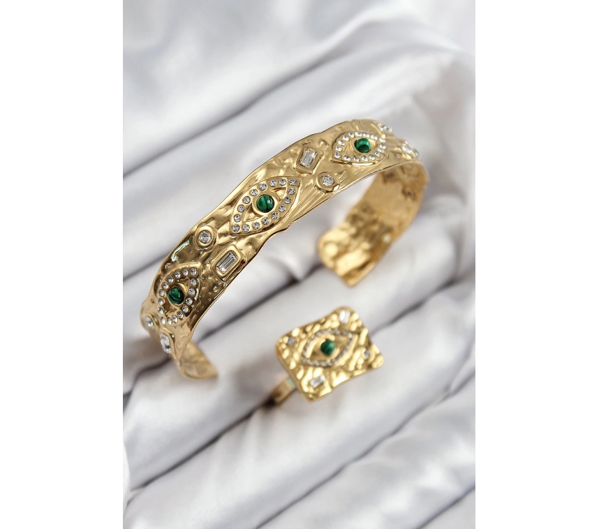 Pirinç Zirkon Taşlı Göz Model Gold Renk Bileklik Yüzük Set