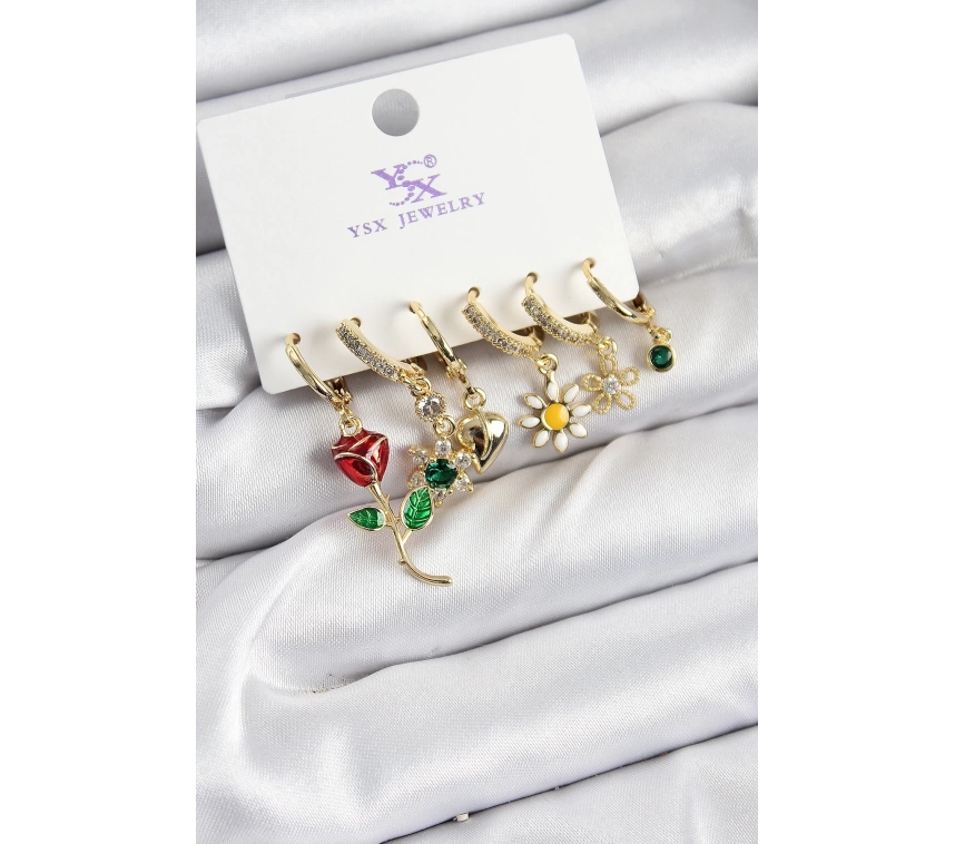 Pirinç Zİrkon Taşlı Gül Ve Papatya Model Gold Renk 3lü Çift Kadın Küpe