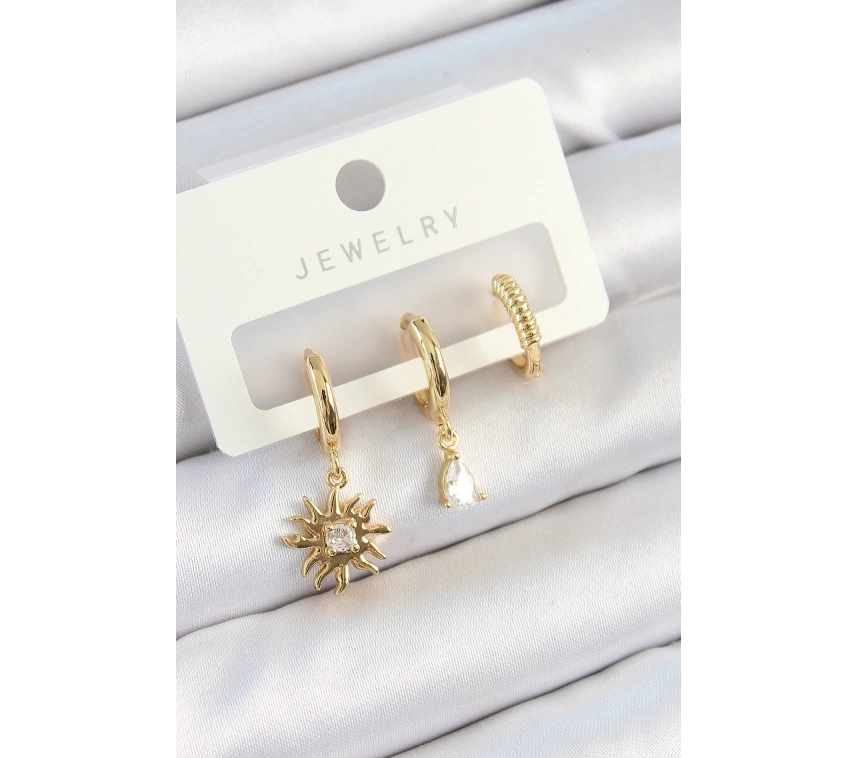 Pirinç Zirkon Taşlı Güneş Model Gold Renk 3lü Çift Kadın Küpe Set