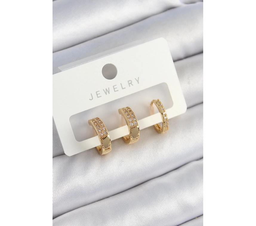 Pirinç Zirkon Taşlı Halka Model Gold Renk 3lü Çift Kadın Küpe Set