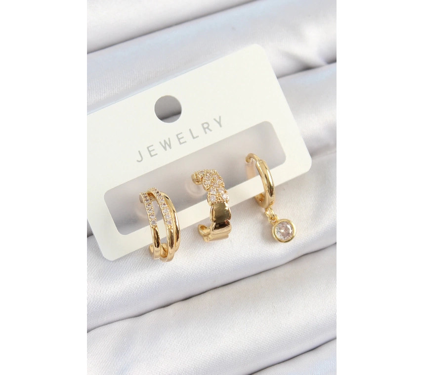 Pirinç Zirkon Taşlı Halka Model Gold Renk 3lü Çift Kadın Küpe Set