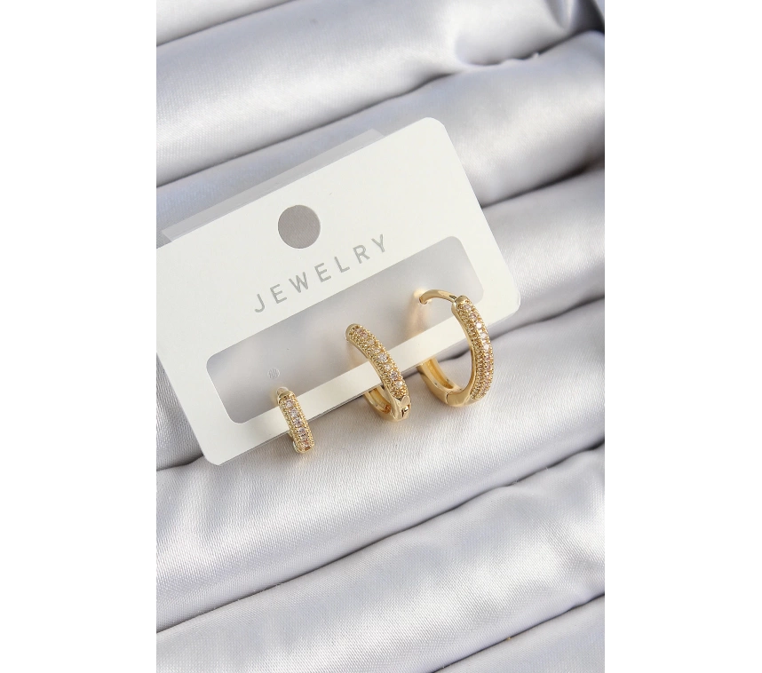 Pirinç Zirkon Taşlı Halka Model Gold Renk 3lü Çift Kadın Küpe Set