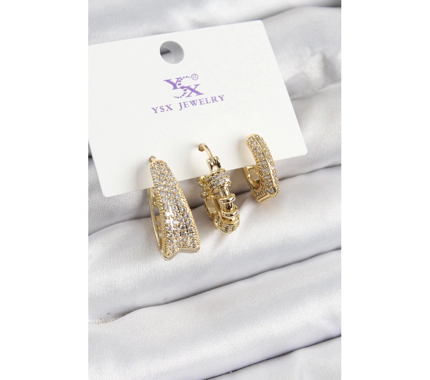Pirinç Zİrkon Taşlı Halka Model Gold Renk 3lü Kadın Küpe