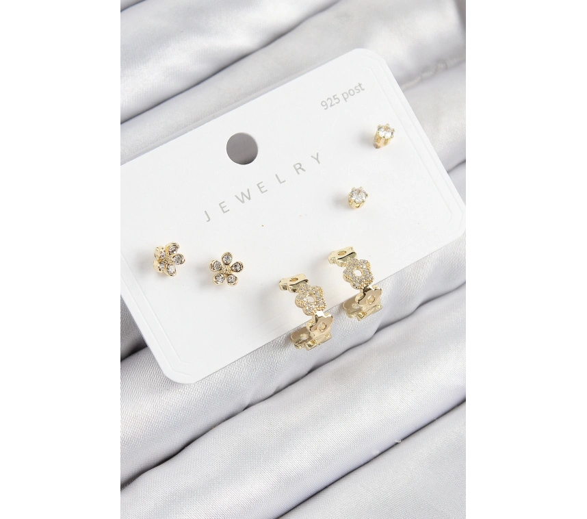 Pirinç Zirkon Taşlı Halka Model Gold Renk 925 Ayar Gümüş Çivi Kadın Küpe Set