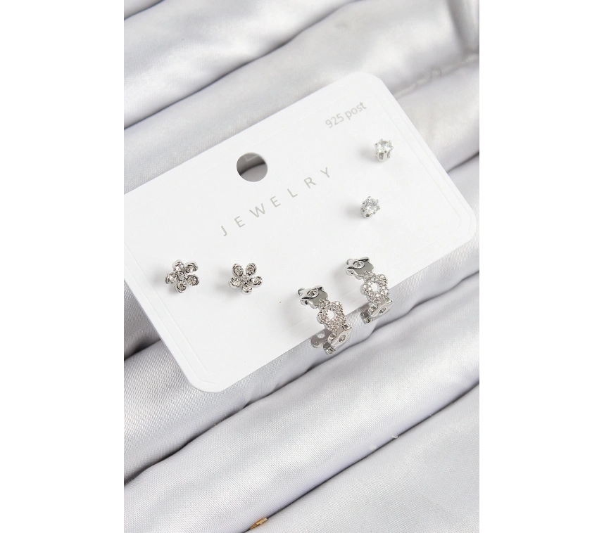 Pirinç Zirkon Taşlı Halka Model Gümüş Renk 925 Ayar Gümüş Çivi Kadın Küpe Set