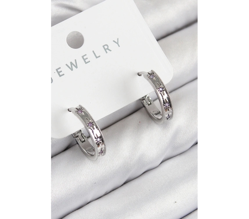 Pirinç Zirkon Taşlı Halka Model Gümüş Renk Kadın Küpe